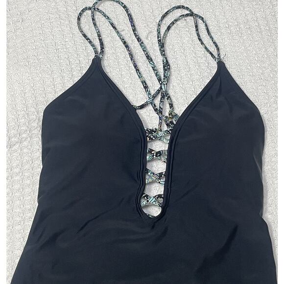 Ambrielle Size Large Black Plunge One Piece Swimsuit Tie Straps - Picture 3 of 6